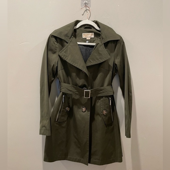 Michael Kors Belted Rain Trench Coat Removable Lining Hood Olive Green Size PXS - Picture 3 of 13